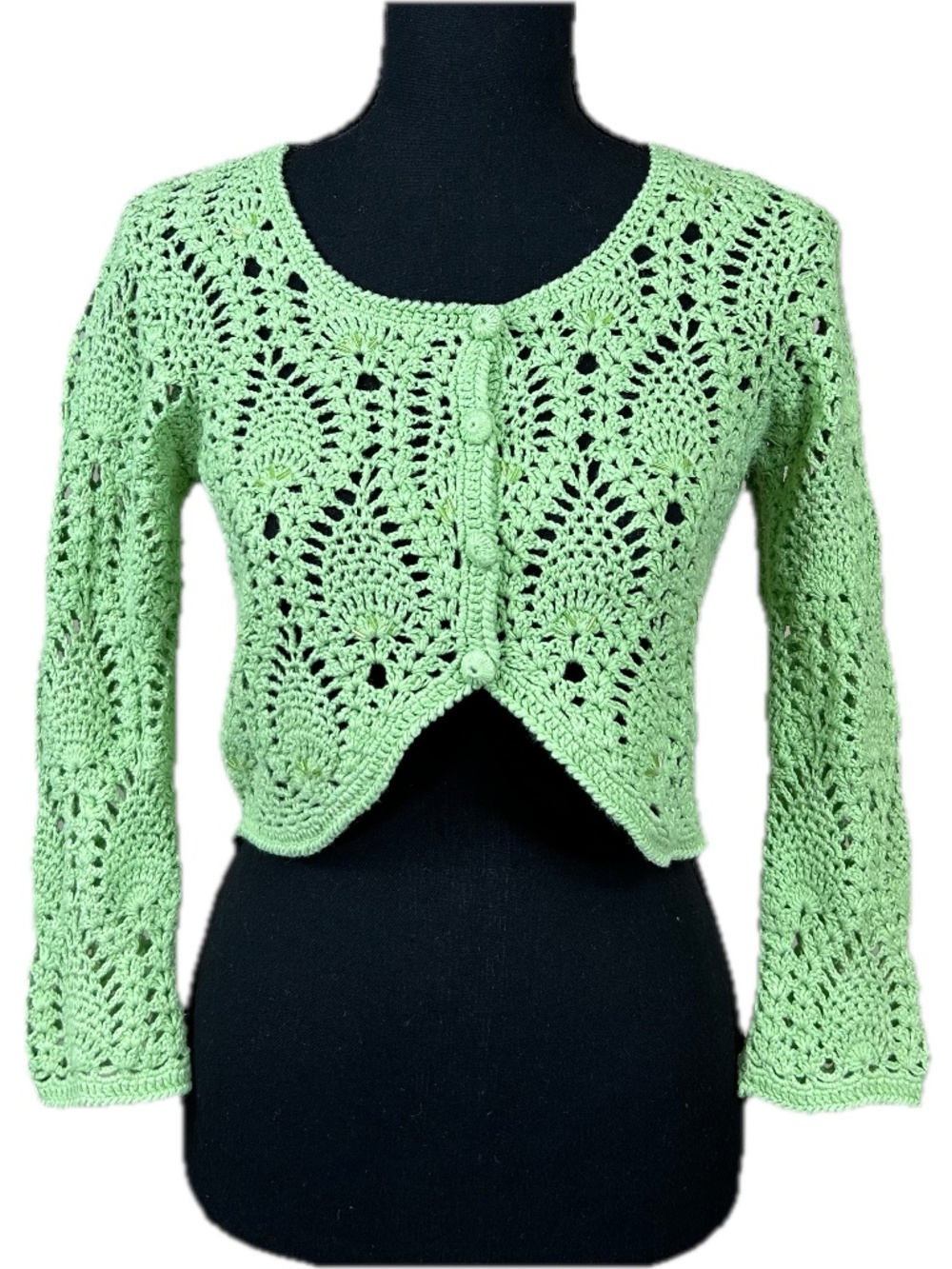 J. H. Collectibles Vintage Green Cropped Crochet Cardigan Sweater Size S